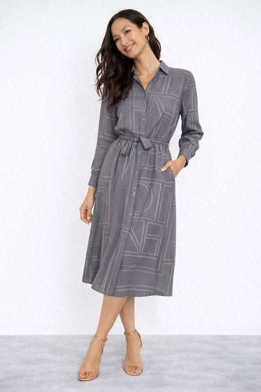 Grey Modern Line Print Belted Shirt Dress