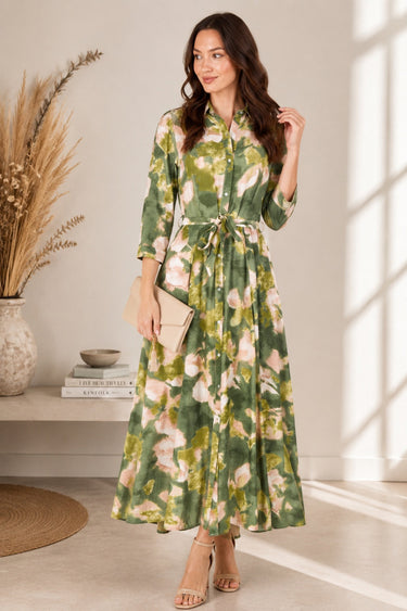 Love Sunshine Green Abstract Print Tie Waist Maxi Shirt Dress Belted Dress Day to Night Long Sleeve Maxi Dress NEW IN Occasionwear Shirt Dress