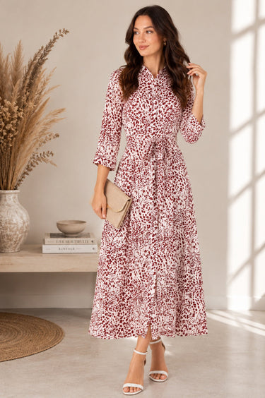 Love Sunshine Burgundy Animal Print Tie Waist Maxi Shirt Dress Belted Dress Day to Night Long Sleeve Maxi Dress NEW IN Occasionwear Shirt Dress