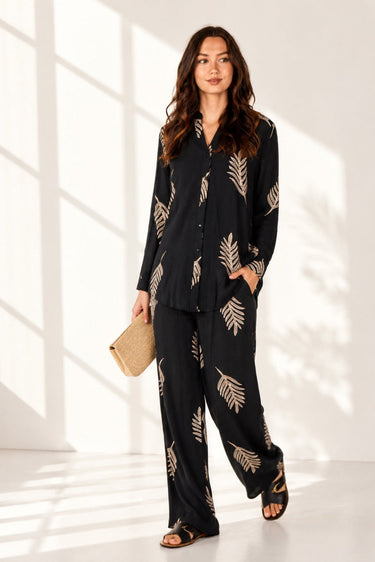 Love Sunshine Black Leaf Print Shirt & Wide Leg Trouser Set Co ord sets LS-5002 LS-5002&9057 LS-9057