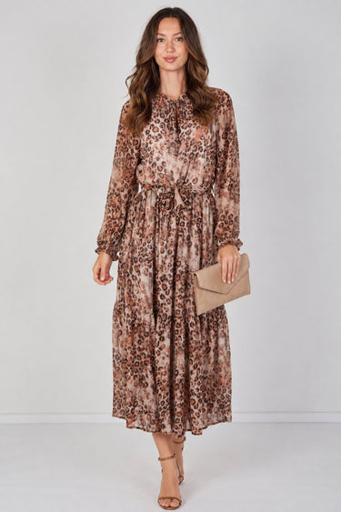 Love Sunshine Brown Leopard Print Chiffon Belted Maxi Dress Dresses Garden Party Dress Holiday Dress Leopard Print Dress Long Sleeve Dress LS-2512 Wedding Guest Dress