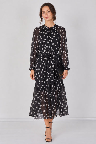 Love Sunshine Black Polka Dot Chiffon Belted Maxi Dress Dresses Garden Party Dress Holiday Dress Long Sleeve Dress LS-2512 Wedding Guest Dress