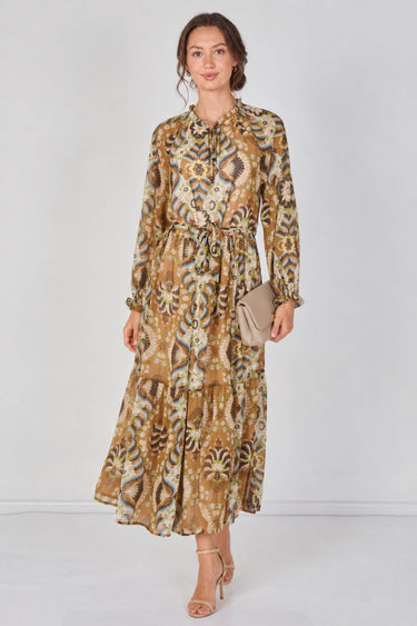 Love Sunshine Tan Paisley Chiffon Belted Maxi Dress Dresses Garden Party Dress Holiday Dress Long Sleeve Dress LS-2512 Wedding Guest Dress