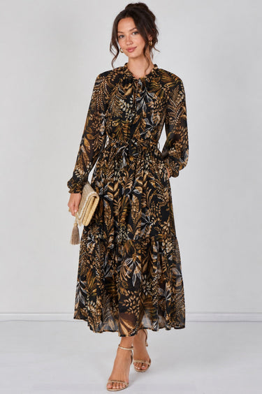 Love Sunshine Black Botanical Chiffon Belted Maxi Dress Dresses Floral Dress Garden Party Dress Holiday Dress Long Sleeve Dress LS-2512 Wedding Guest Dress