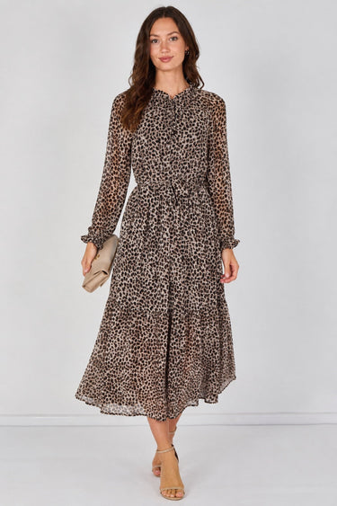 Love Sunshine Grey Leopard Print Chiffon Belted Maxi Dress Dresses Garden Party Dress Holiday Dress Leopard Print Dress Long Sleeve Dress LS-2512 Wedding Guest Dress
