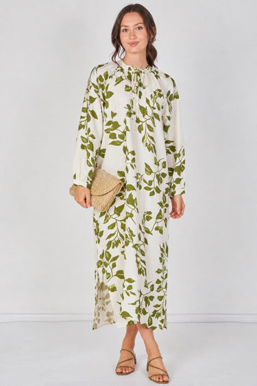 Love Sunshine Ivory and Olive Leaf Print Maxi Dress Dresses Garden Party Dress Holiday Dress Leopard Print Dress Long Sleeve Dress LS-2512 Wedding Guest Dress