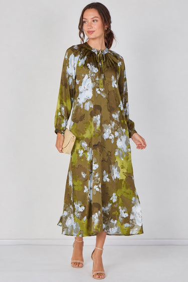 Love Sunshine Khaki Watercolour Floral Luxury Satin Maxi Dress Dresses Garden Party Dress Holiday Dress Leopard Print Dress Long Sleeve Dress LS-2512 Wedding Guest Dress
