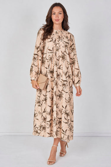 Love Sunshine Beige Lily Print Maxi Dress Dresses Garden Party Dress Holiday Dress Leopard Print Dress Long Sleeve Dress LS-2512 Wedding Guest Dress