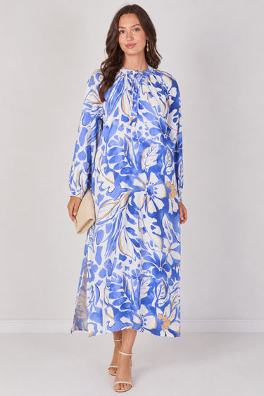 Love Sunshine Blue Tropical Leaf Print Maxi Dress Dresses Garden Party Dress Holiday Dress Leopard Print Dress Long Sleeve Dress LS-2512 Wedding Guest Dress