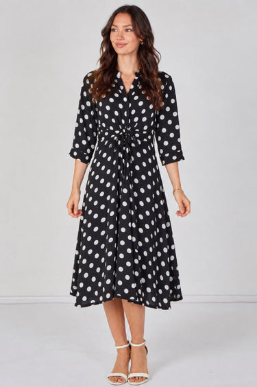 Black Large Polka Dot Quarter Sleeve Tie Waist Midi Dress