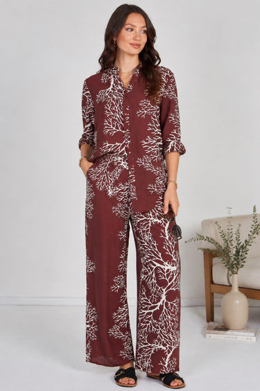 Rust Coral Print Shirt and Trouser Co-Ord Set