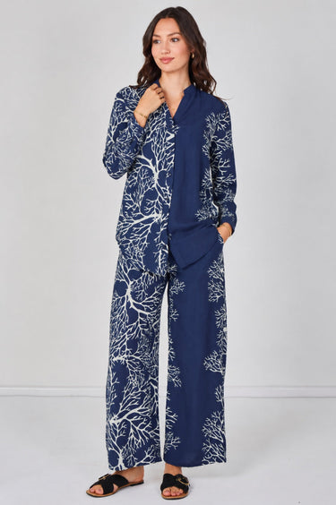 Navy Coral Print Shirt and Trouser Co-Ord Set
