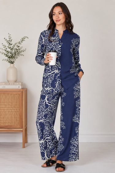 Navy Coral Print Shirt and Trouser Co-Ord Set
