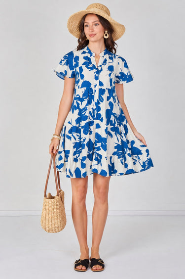 Love Sunshine Blue Floral Print Short Sleeve Flared Mini Dress Casual Dress Dresses Everyday Dress Garden Party Dress Holiday Dress LS-2339 Short Sleeve Dress Summer Dress