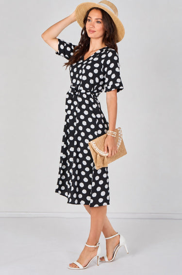 Black Polka Dot Short Sleeve Midi Dress