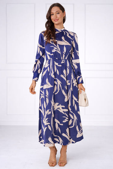 Blue Brushstroke Print Pleated Skirt Satin Maxi Dress