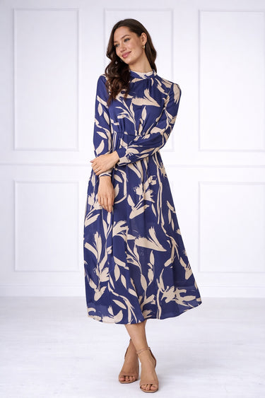 Blue Brushstroke Print Pleated Skirt Satin Maxi Dress