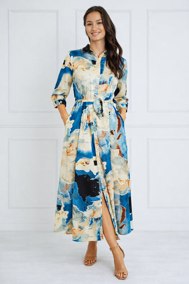 Blue Watercolor Print Satin Maxi Shirt Dress
