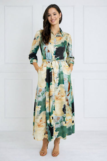 Green Watercolor Print Satin Maxi Shirt Dress