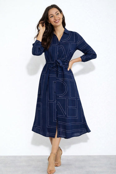 Navy Modern Line Print Belted Shirt Dress