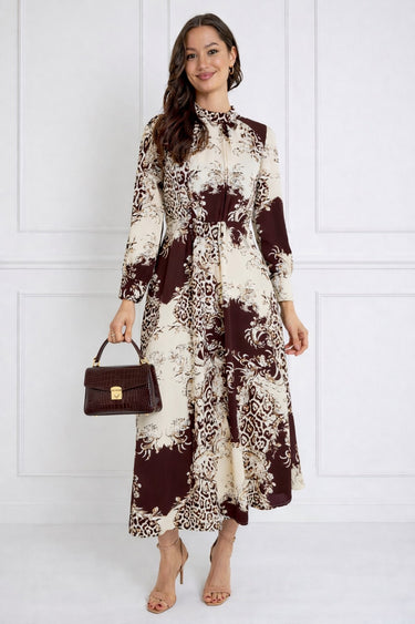 Burgundy and Cream Baroque Print Pleated Skirt Maxi Dress