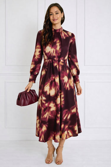 Burgundy Tie-Dye Print Pleated Skirt Maxi Dress