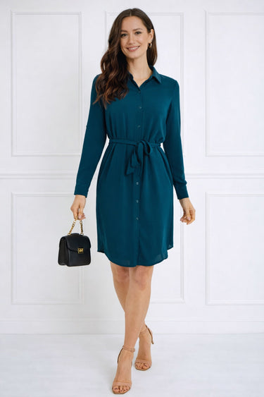 Love Sunshine Teal Button-Front Mini Shirt Dress Brunch Dress Casual Dress Dress with Pockets Dresses Everyday Dress Long Sleeve Dress LS-5026 Plain Plain Dress Workwear Dress