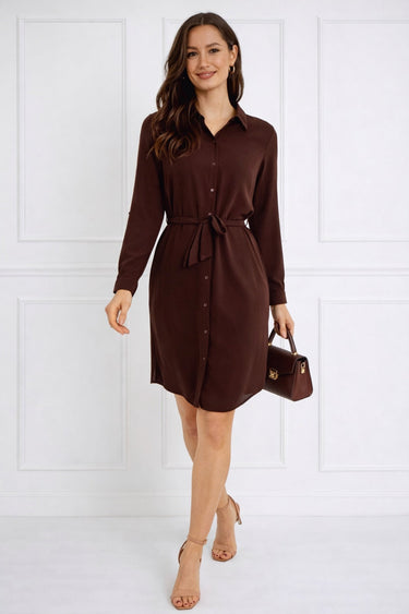 Love Sunshine Chocolate Button-Front Mini Shirt Dress Brunch Dress Casual Dress Dress with Pockets Dresses Everyday Dress Long Sleeve Dress LS-5026 Plain Plain Dress Workwear Dress