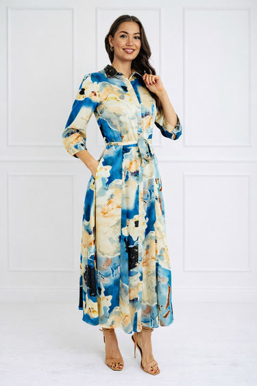 Blue Watercolor Print Satin Maxi Shirt Dress