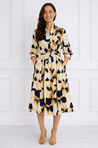 Ink Wash Print Belted Midi Shirt Dress