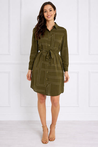 Olive Geometric Print Belted Mini Shirt Dress