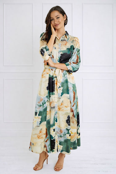 Green Watercolor Print Satin Maxi Shirt Dress