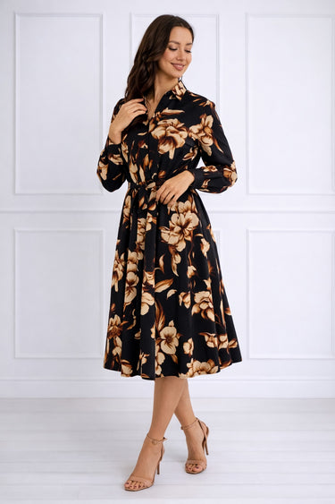 Navy Botanical Print Belted Midi Shirt Dress