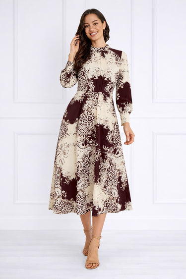 Burgundy and Cream Baroque Print Pleated Skirt Maxi Dress
