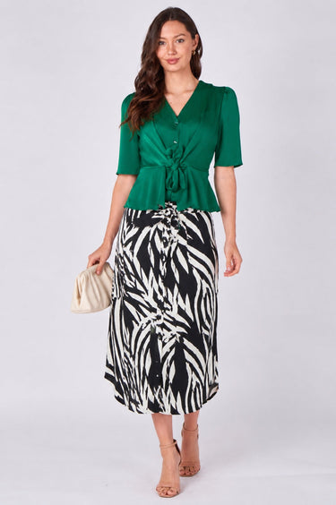 Green Satin Tie Front Short Sleeve Top