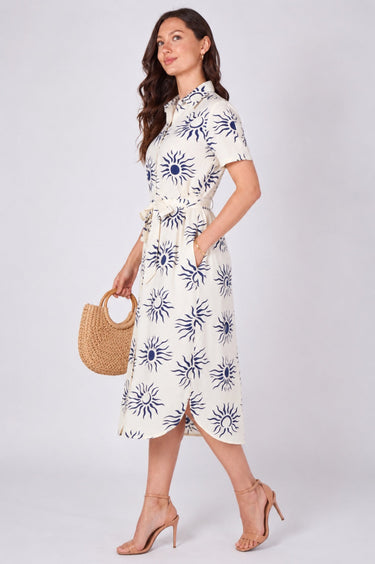 Cream Sun Print Shor Sleeve Midi Shirt Dress