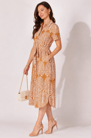 Rust Paisley Print Short Sleeve Midi Shirt Dress