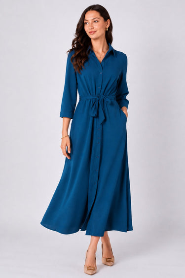 Teal Button Front Belted Maxi Shirt Dress