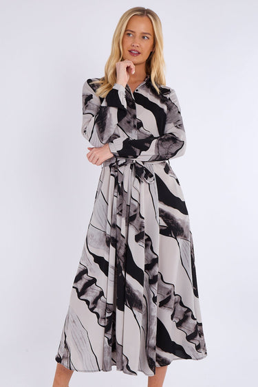 Black and Grey Abstract Print Midaxi Shirt Dress