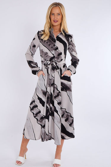 Black and Grey Abstract Print Midaxi Shirt Dress
