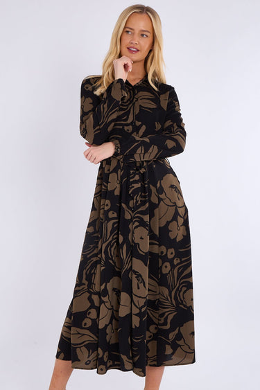 Khaki Abstract Floral Print Midaxi Shirt Dress