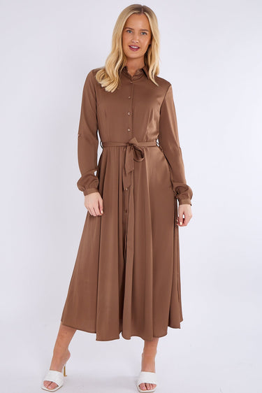 Mocha Layered Satin Long Sleeve Maxi Shirt Dress