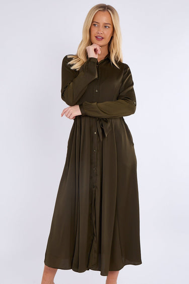 Khaki Layered Satin Long Sleeve Maxi Shirt Dress