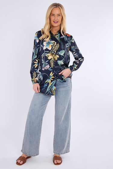 Navy Floral Print Bubble Satin Shirt