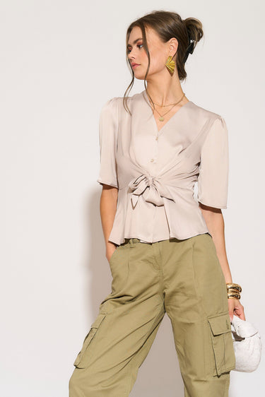 Love Sunshine Beige Short Sleeve Knotted Crepe Satin Top LS-2151 Satin Top Short Sleeve