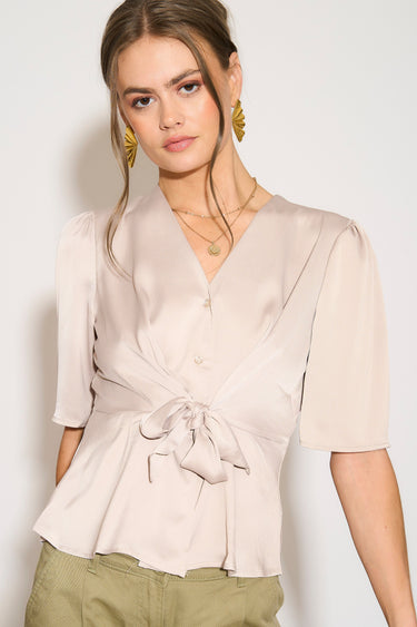 Love Sunshine Beige Short Sleeve Knotted Crepe Satin Top LS-2151 Satin Top Short Sleeve