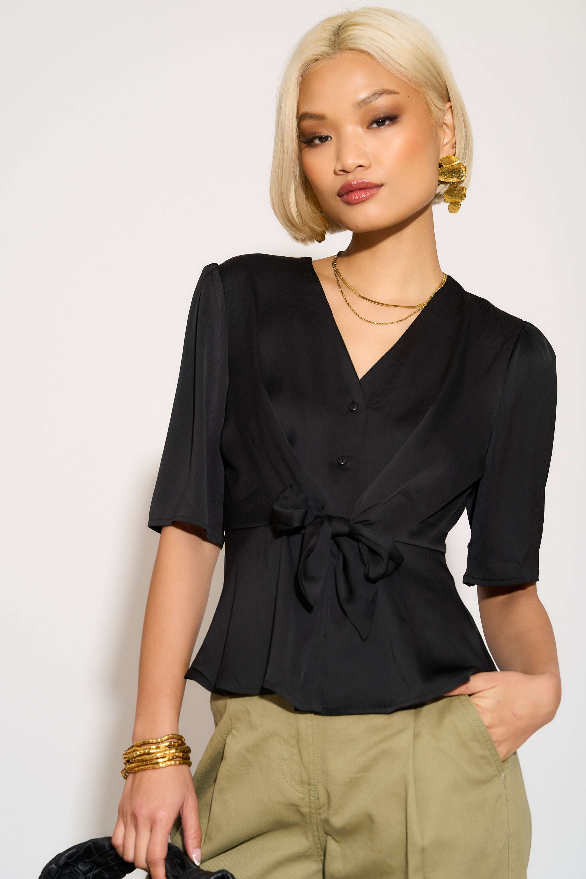 Love Sunshine Black Short Sleeve Knotted Crepe Satin Top LS-2151 Satin Top Short Sleeve