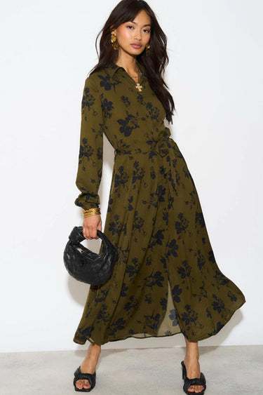 Love Sunshine Khaki Floral Print Long Sleeve Midaxi Shirt Dress auto-20 Brunch Dress Casual Dress DB Dress with Pockets Dresses Everyday Dress Long Sleeve Dress LS-2037 Workwear Dress