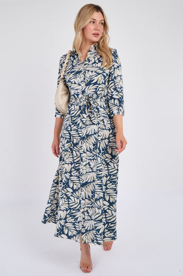 Navy Leaf Print Maxi Shirt Dress