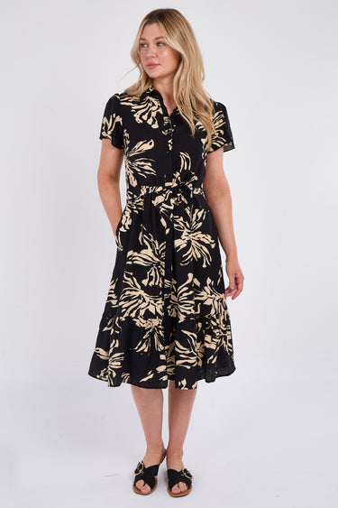 Black Floral Print Frilled Hem Midi Dress